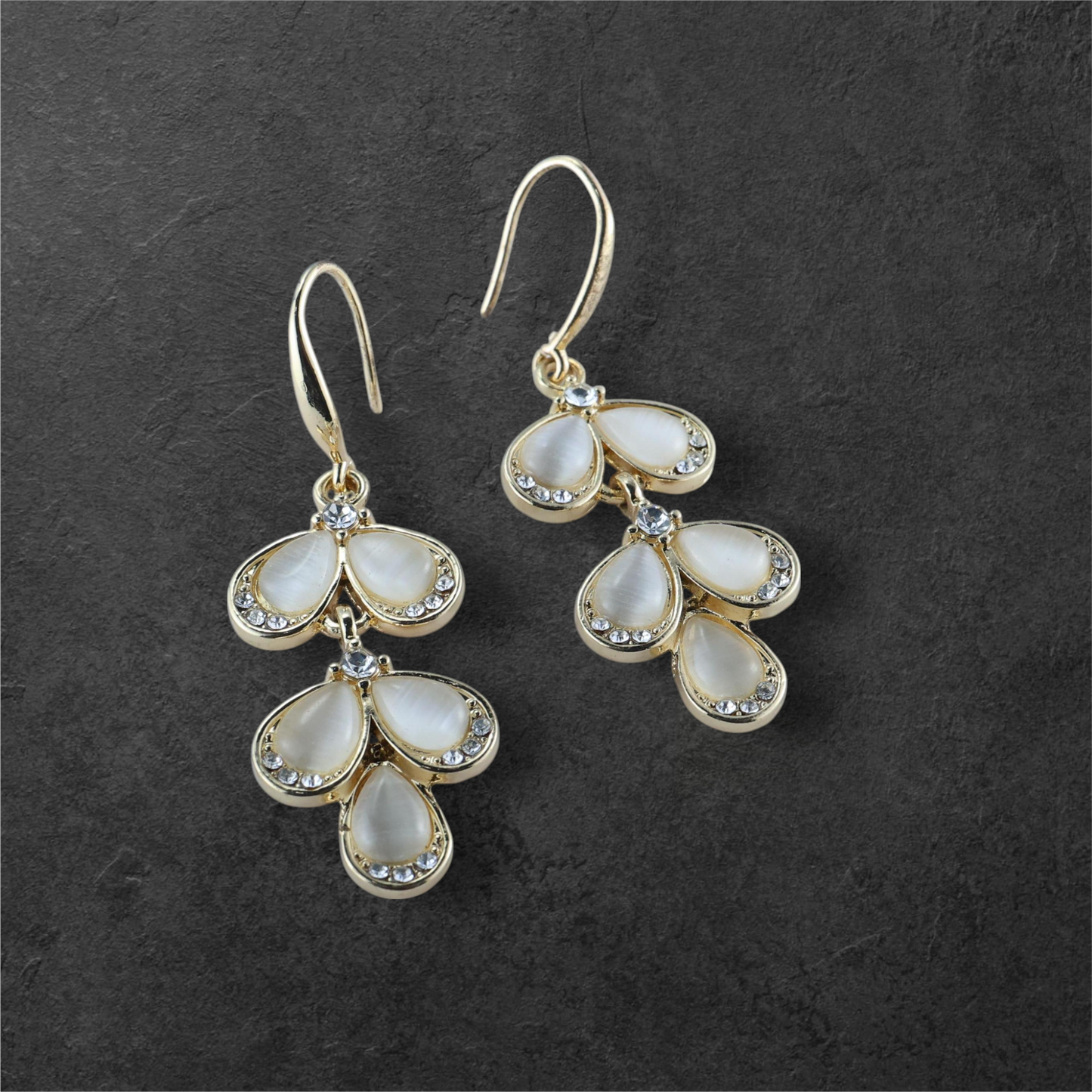 Gold Plated Chandelier Earrings (Korean Rhinestone & Opal Decor Drop Earrings)
