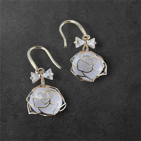 Gold Plated Flower Bow-knot Dangle Earrings with white Clear stone, Rhinestone Bow-knot, cute statement earrings for women & girls.
